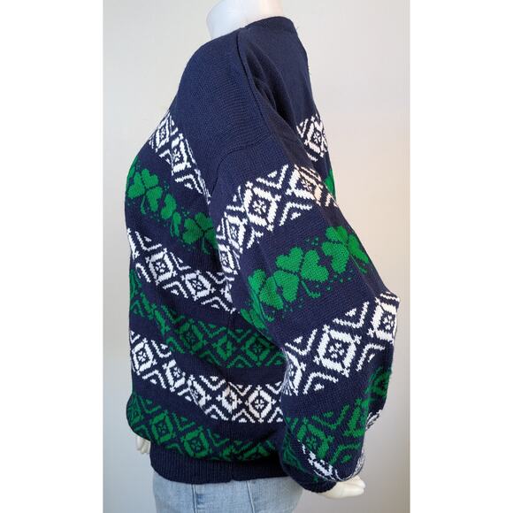 VTG Whats Next Sweater Large Navy Green Shamrock Fair Isle 80s St Patricks Irish - Picture 4 of 9